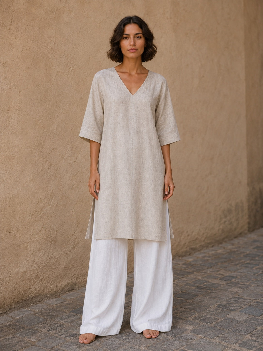 LINEN - "V" NECK KURTA