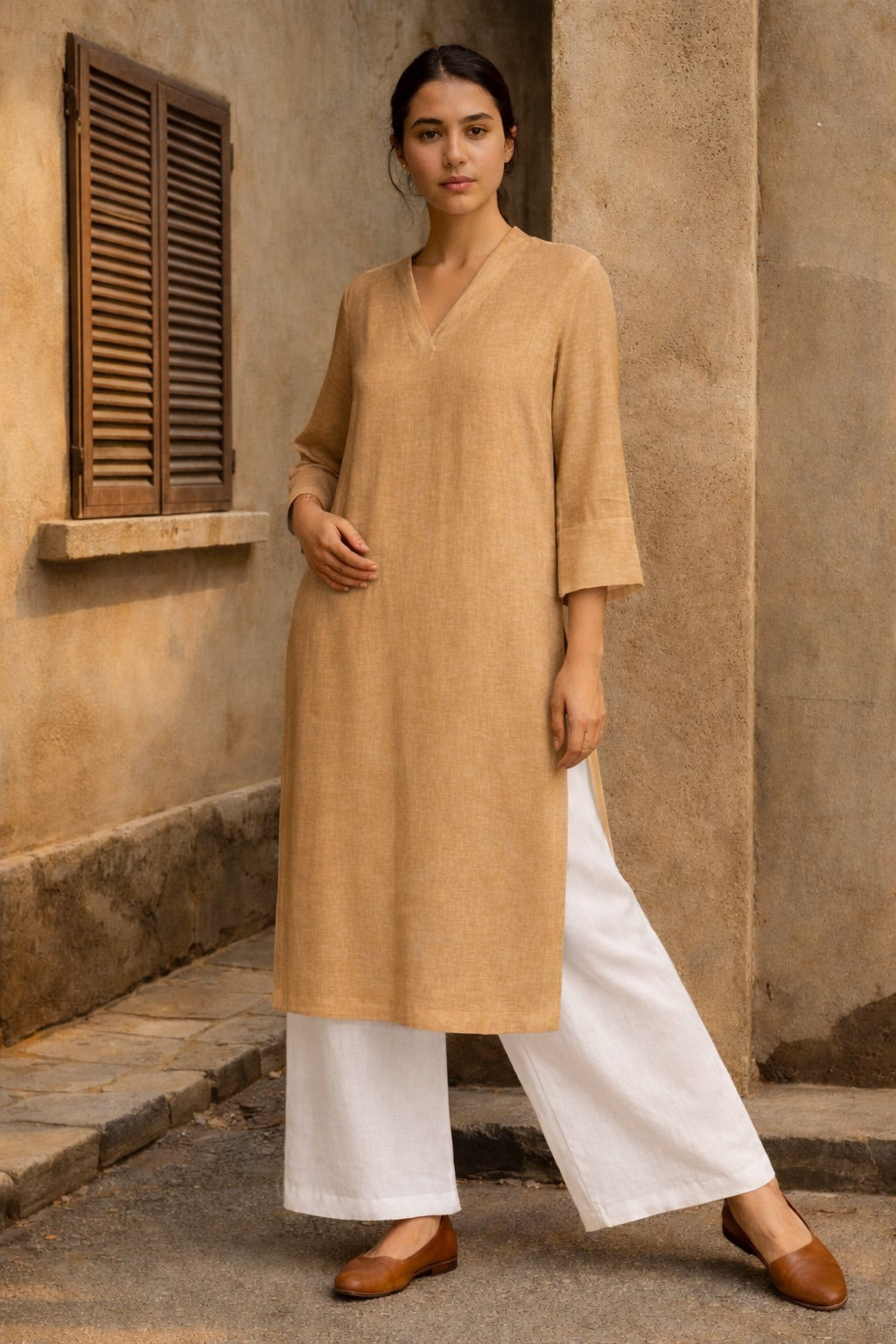 PURE LINEN- "V" NECK KURTA