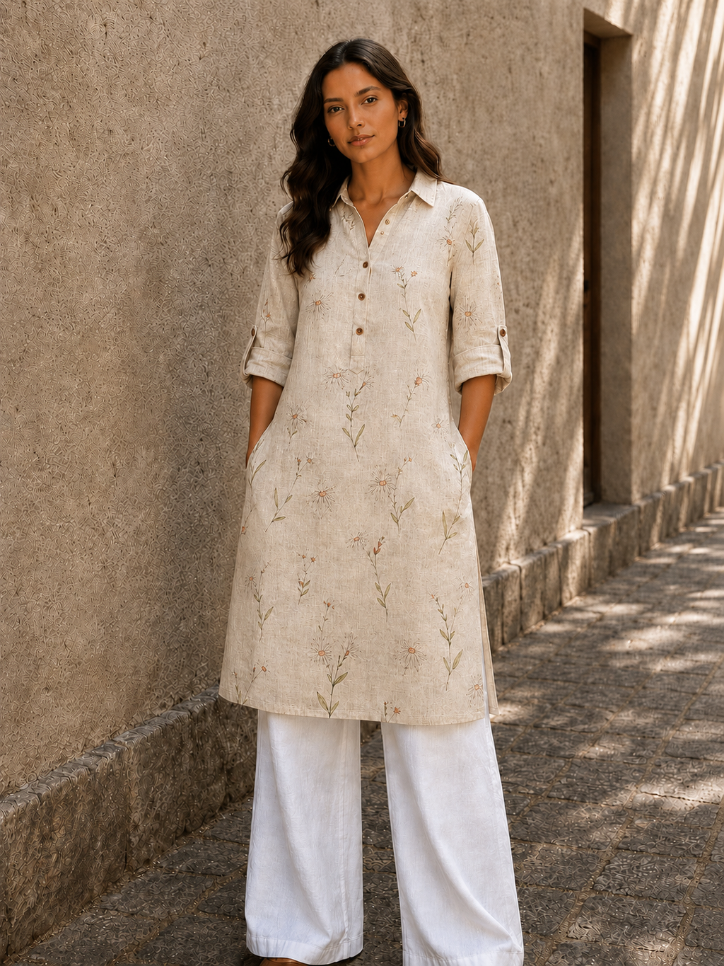 Pure Linen-  Floral Printed Collared Kurta
